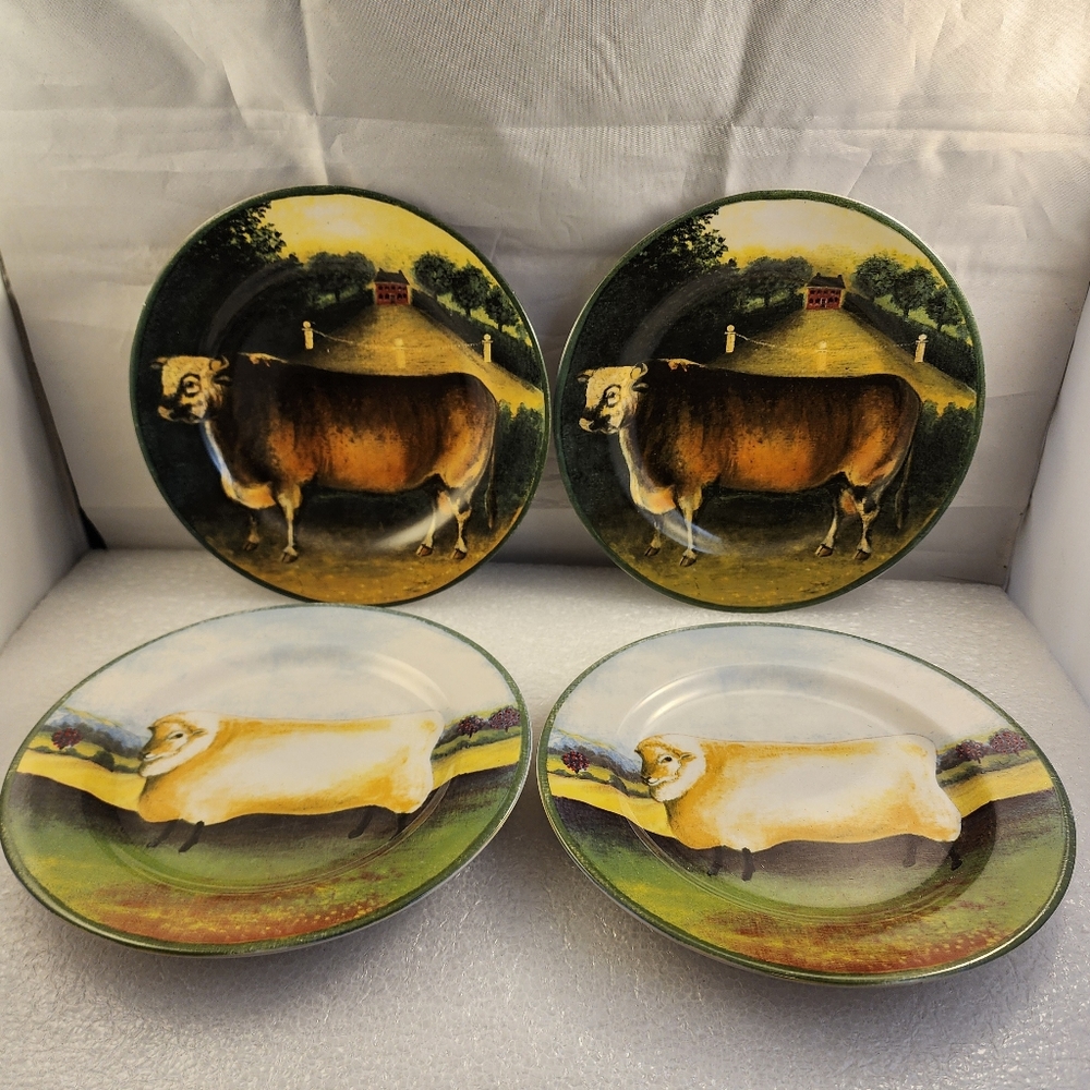 1995 Set of 4 Block Country Farm by Gear Dessert Salad Plates Sheep Cow